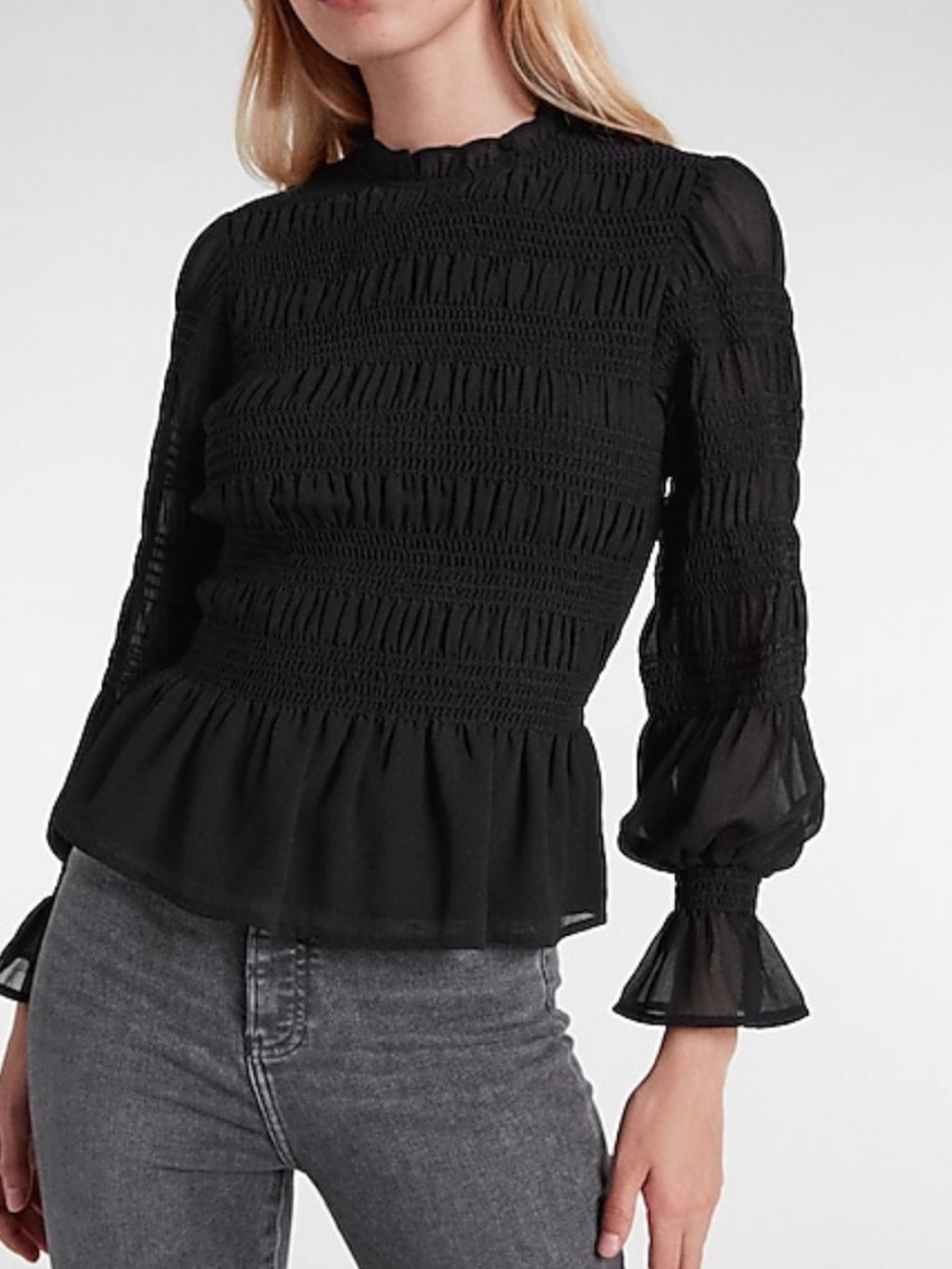Express Black Smocked Peplum Blouse with Sheer Balloon Sleeves
